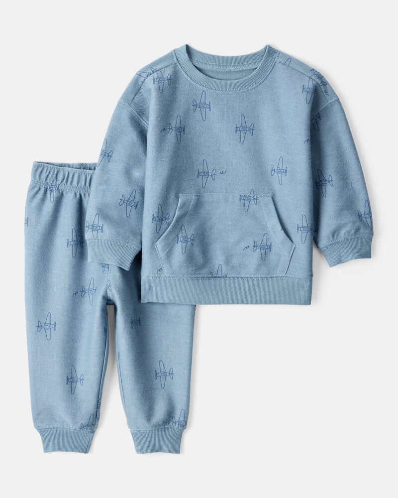 Baby Boy Airplane French Terry Long-Sleeve Tee & Pant Set - Blue, image 1 of 3 slides