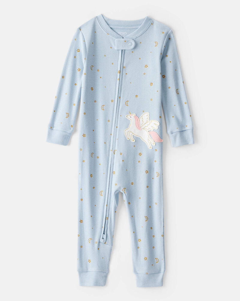 Baby Girl Unicorn Star Print 100% Cotton Long-Sleeve 2-Way Zip 1-Piece Pajamas - Blue, image 1 of 5 slides