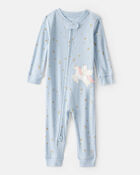 Baby Girl Unicorn Star Print 100% Cotton Long-Sleeve 2-Way Zip 1-Piece Pajamas - Blue, image 1 of 5 slides