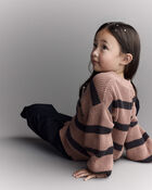 Toddler Girl Striped Puff-Sleeve Cardigan with Bows - Mocha Brown/Black, image 3 of 6 slides