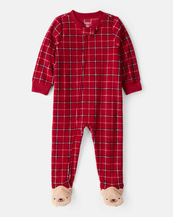 Baby Boy Plaid Print Fleece Loose Fit 1-Piece Pajamas - Red, 