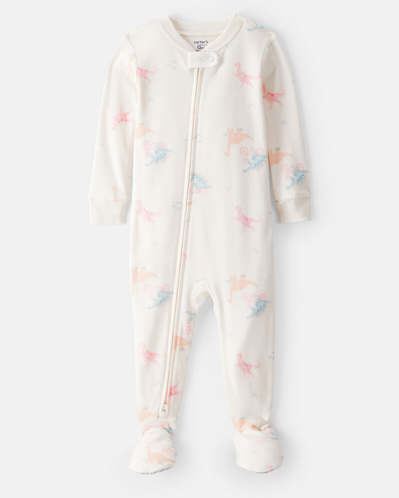 Toddler Girl Dinosaur 100% Cotton Long-Sleeve 1-Piece Pajamas - White, image 1 of 3 slides