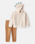 Toddler Boy 2-Piece Dinosaur Hoodie & Pant Set - Cream/Brown, image 1 of 7 slides