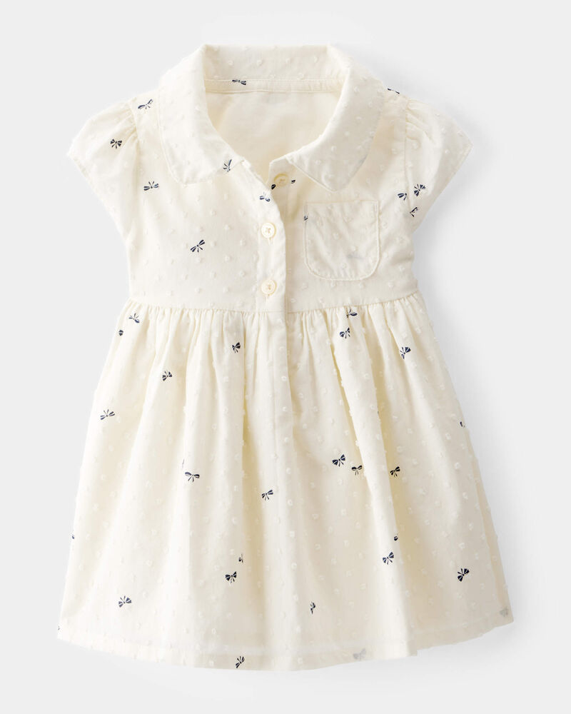 Baby Girl Swiss Dot Bow Print Short-Sleeve Dress - Ivory, image 1 of 4 slides
