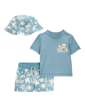 Baby 3-Piece "Beach Vibes" Rashguard Swim Trunk & Hat Set, 