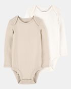 Baby 2-Pack Long-Sleeve PurelySoft Bodysuits - Khaki/Ivory, image 1 of 7 slides