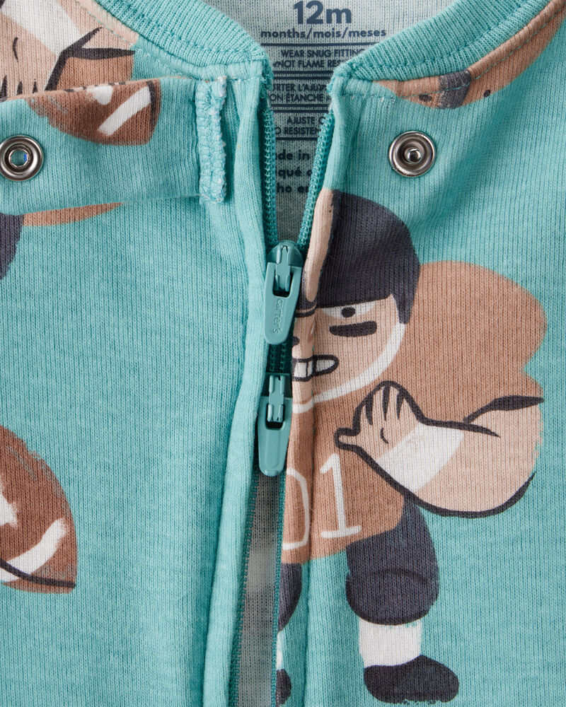 Baby Boy Football Print 100% Cotton Long-Sleeve 2-Way Zip 1-Piece Pajamas - Green, image 2 of 4 slides