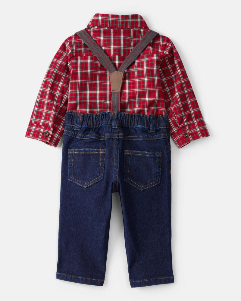Baby Boy 3-Piece Plaid Print Long-Sleeve Shirt & Suspender Pant Set - Red/Denim, image 3 of 6 slides