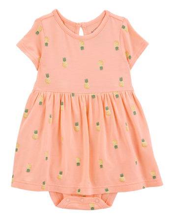 Baby Girl Pineapple Print PurelySoft Bodysuit Dress - Coral, 