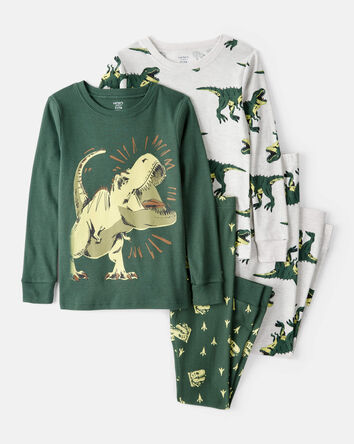 Boys Dinosaur Print 100% Cotton Long-Sleeve 4-Piece Pajamas - Green, 