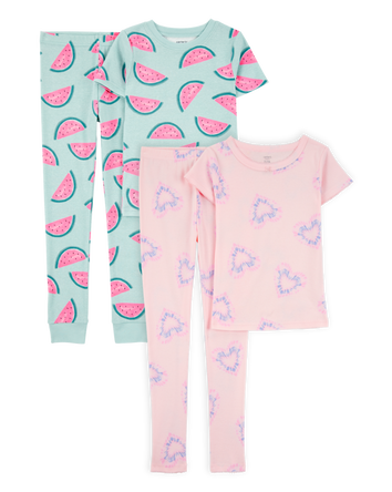 Kid 4-Piece Snug Fit 100% Cotton Pajamas - Pink/Turquoise, 