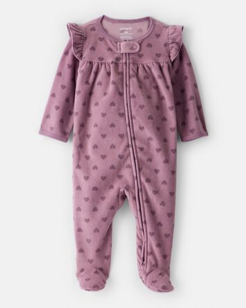 Baby Girl Heart Print Fleece Long-Sleeve Sleep & Play Pajamas - Purple, 