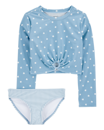 Girls 2-Piece Shell Striped Long-Sleeve Rashguard Swim Set - Blue, 