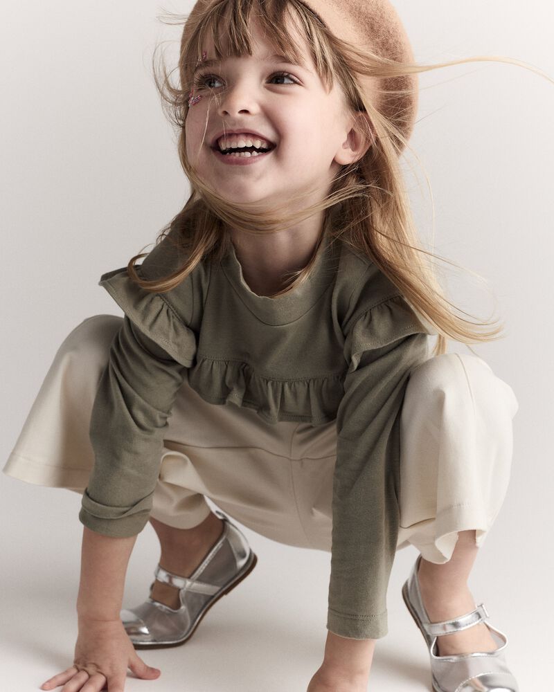 Toddler Girl Mock Neck Ruffle Top - Olive, image 5 of 7 slides