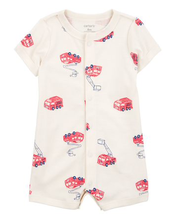 Baby Boy Fire Truck Short-Sleeve Romper - Cream, 