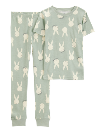 Kid Bunny Print Easter Snug Fit Cotton 2-Piece Pajamas - Green, 