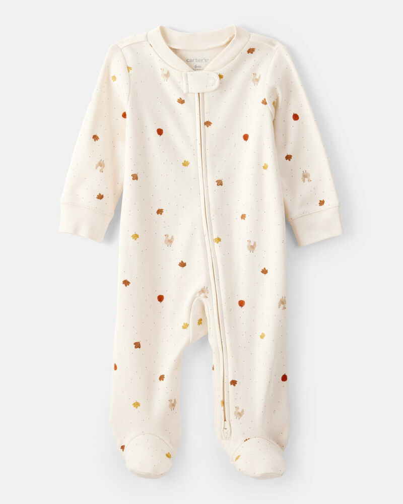 Baby Thanksgiving Print 100% Cotton Long-Sleeve 2-Way Zip Sleep & Play Pajamas - White, image 1 of 4 slides