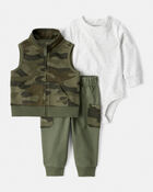 Baby Boy 3-Piece Camo French Terry Vest, Bodysuit & Pant Set - Green, image 1 of 5 slides