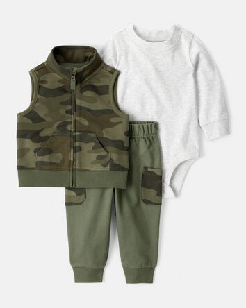 Baby Boy 3-Piece Camo French Terry Vest, Bodysuit & Pant Set - Green, 