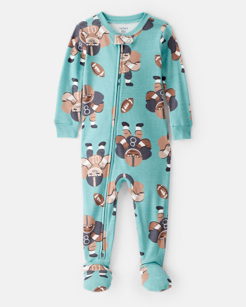 Baby Boy Football Print 100% Cotton Long-Sleeve 2-Way Zip 1-Piece Pajamas - Green, image 1 of 4 slides
