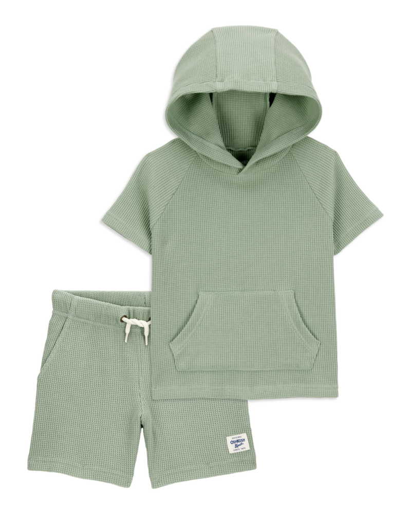 Baby 2-Piece Waffle Knit Hooded Pullover & Drawsting Shorts Set - Green, image 1 of 7 slides