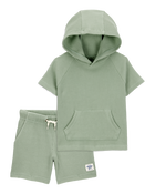 Baby 2-Piece Waffle Knit Hooded Pullover & Drawsting Shorts Set - Green, image 1 of 7 slides