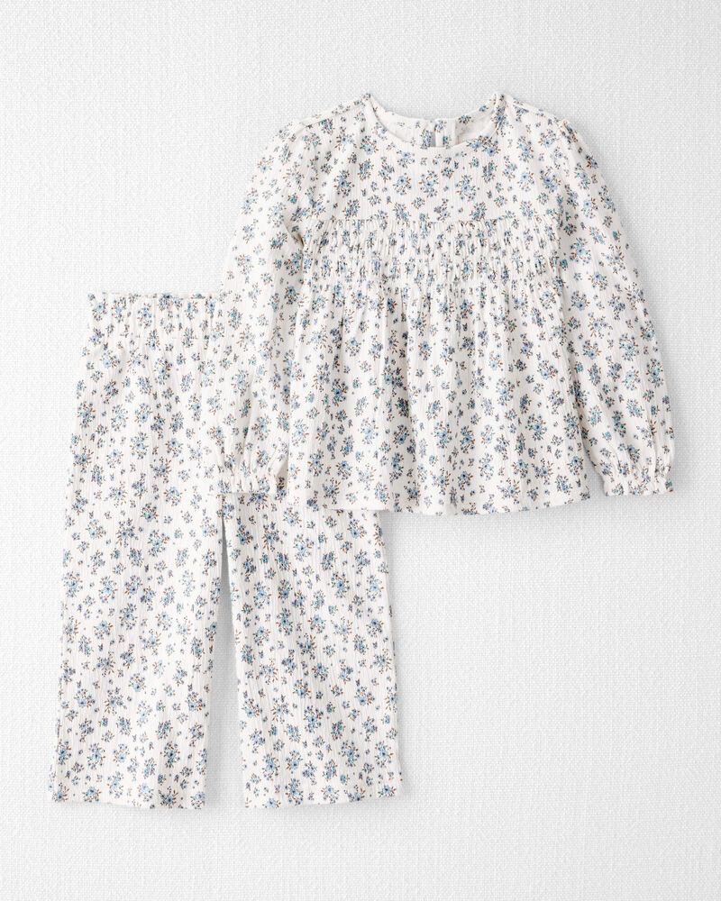 Toddler Girl 2-Piece Organic Cotton Crinkled Knit Set in BlueMist Bloom Print, image 1 of 4 slides