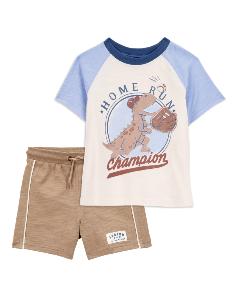Baby 2-Piece Dinosaur Baseball Tee & Pull-On Shorts Set - Cream/Brown, image 1 of 6 slides