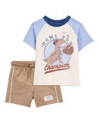 Baby 2-Piece Dinosaur Baseball Tee & Pull-On Shorts Set - Cream/Brown, image 1 of 6 slides