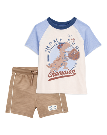 Baby 2-Piece Dinosaur Baseball Tee & Pull-On Shorts Set - Cream/Brown, 