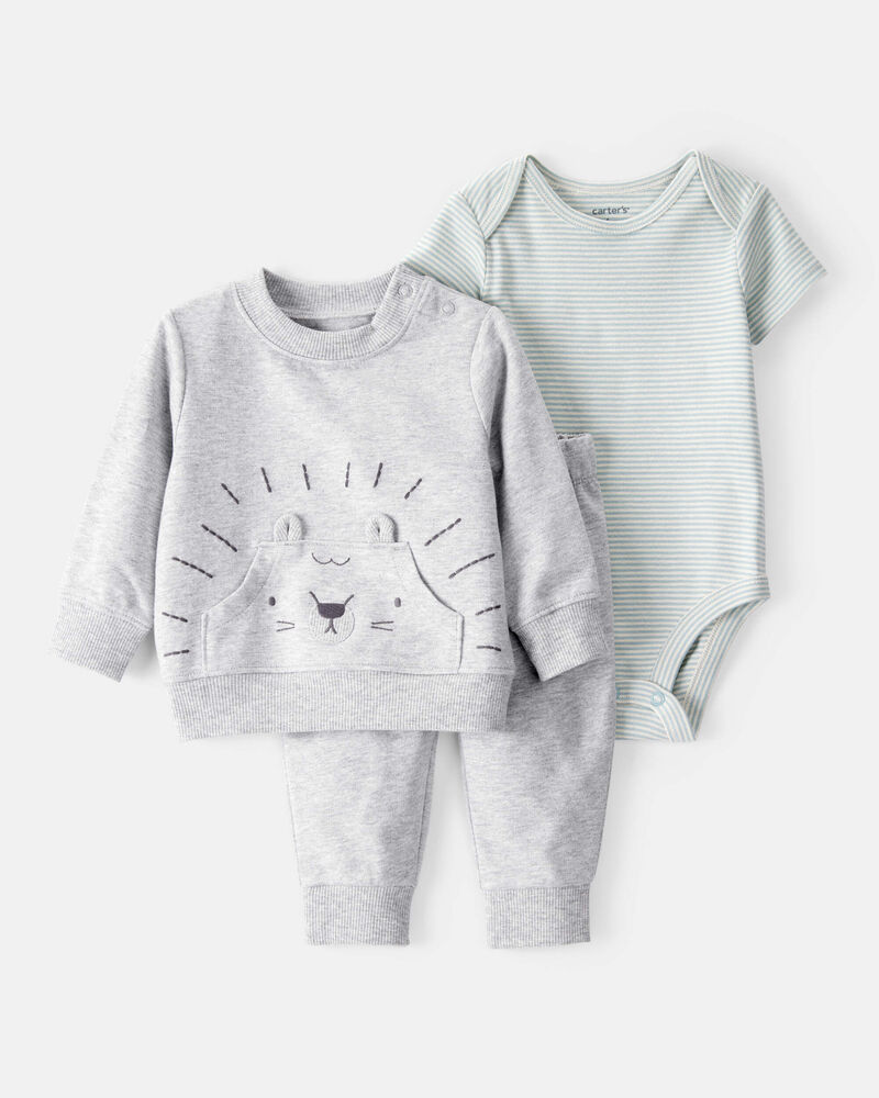 Baby Boy 3-Piece Lion Little Pullover Set - Grey/Green, image 1 of 4 slides