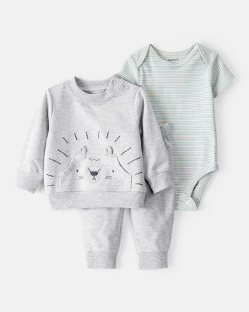 Baby Boy 3-Piece Lion Little Pullover Set - Grey/Green, 