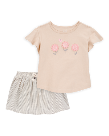 Toddler 2-Piece Floral Short-Sleeve Top & Striped Skort Set - Tan/Black, 