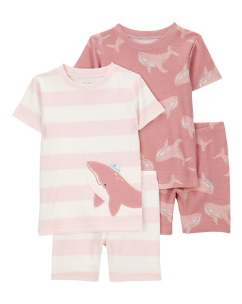 Baby Whale Print Snug Fit Cotton 4-Piece Pajamas, 