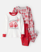 Toddler Firetruck Print 100% Cotton Long-Sleeve Snug Fit 4-Piece Pajamas - Red/White, image 1 of 4 slides