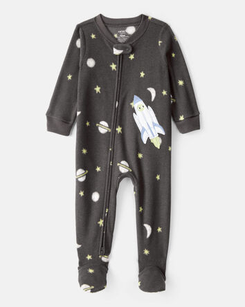 Baby Boy Spaceship Star Print Fleece Loose Fit 1-Piece Pajamas - Grey, 
