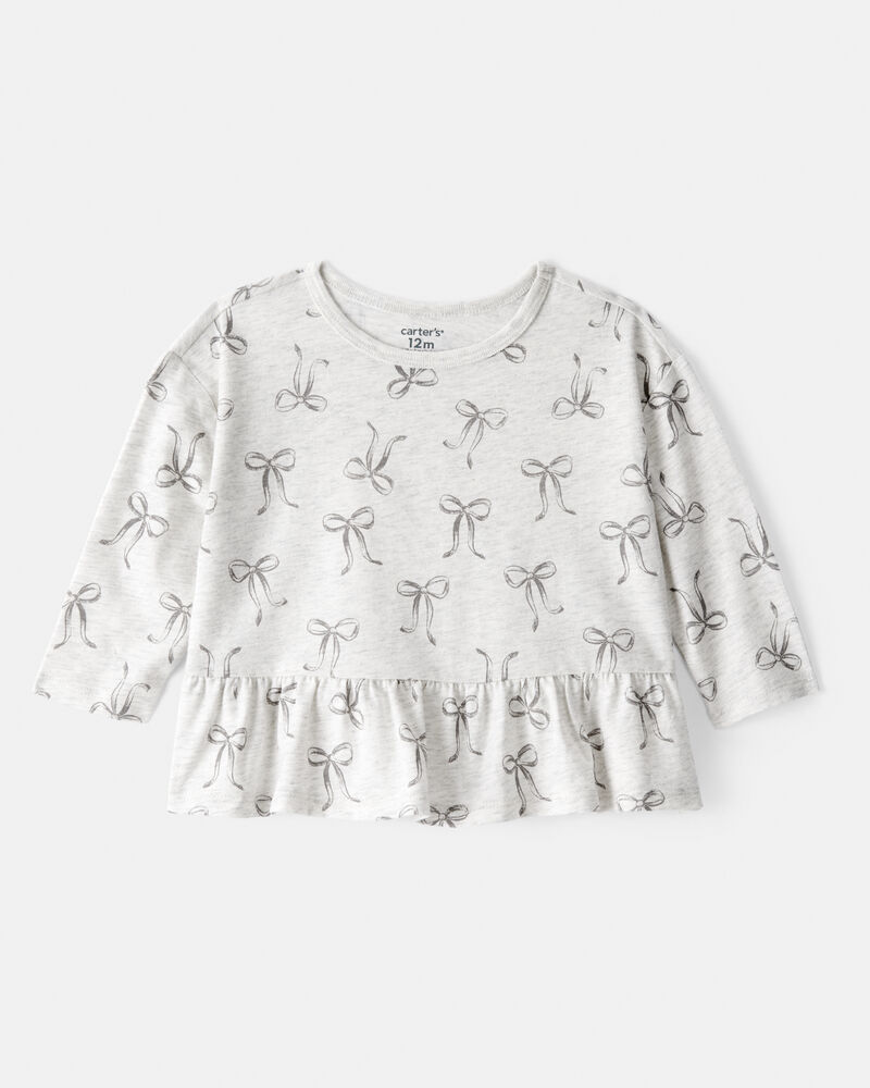 Baby Girl Bow Print Long-Sleeve Peplum Top, image 1 of 3 slides