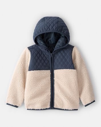 Toddler Boy Color Block Hooded Sherpa Zip-Up Jacket - Khaki/Navy, 