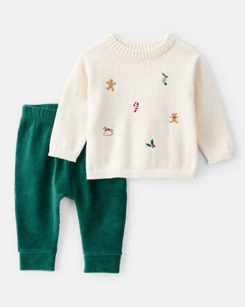 Baby Boy Holiday Print Long-Sleeve Sweater & Pant Set - White, 