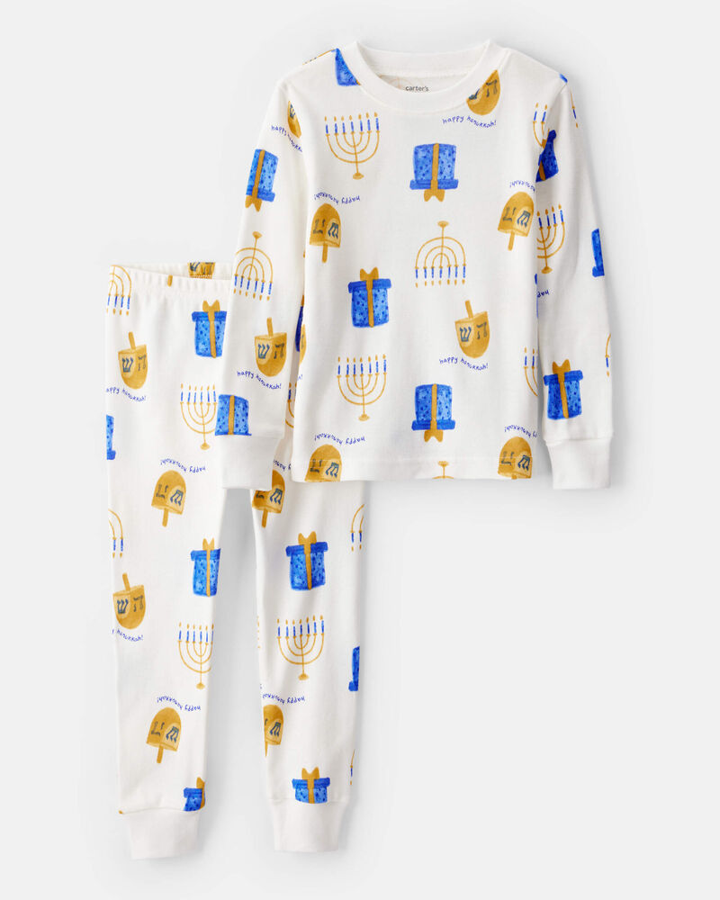 Toddler Hannukah Print 100% Cotton Long-Sleeve Snug Fit 2-Piece Pajamas - White, image 1 of 3 slides