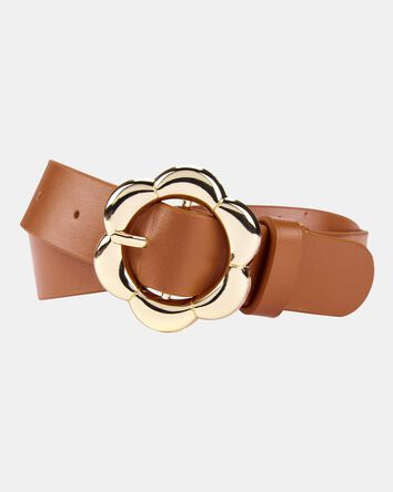 Flower Buckle Belt - Brown, 