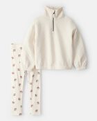 Toddler Girl Quilted Quarter-Zip & Floral Legging Set - Cream, image 1 of 5 slides