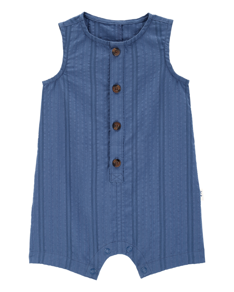 Baby Button-Down Cotton Romper - Blue, image 1 of 3 slides