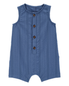 Baby Button-Down Cotton Romper - Blue, image 1 of 3 slides