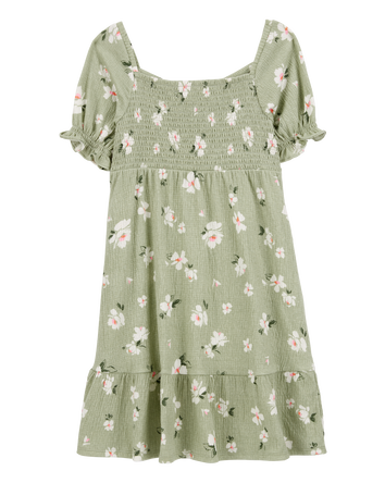 Kid Smocked Floral Dress- Green, 