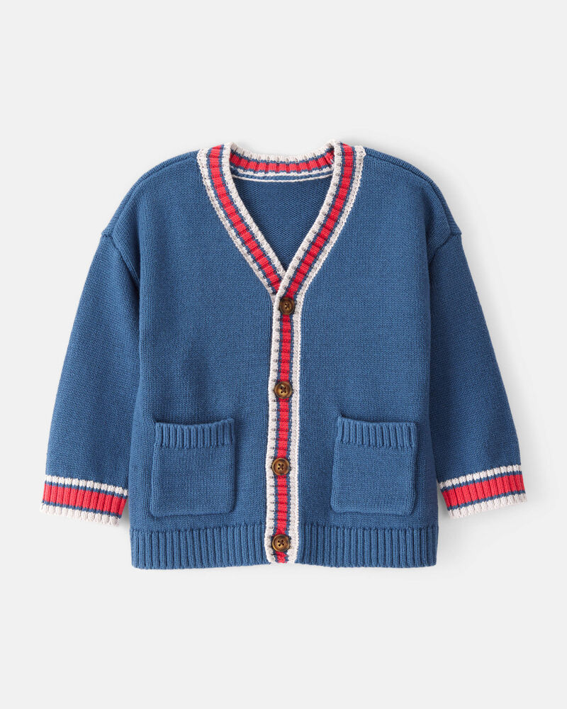 Baby Boy Cotton Long-Sleeve Cardigan Sweater - Blue/Red, image 1 of 3 slides