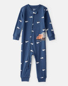 Baby Boy Construction Print 100% Cotton Long-Sleeve 2-Way Zip 1-Piece Pajamas - Blue, image 1 of 5 slides