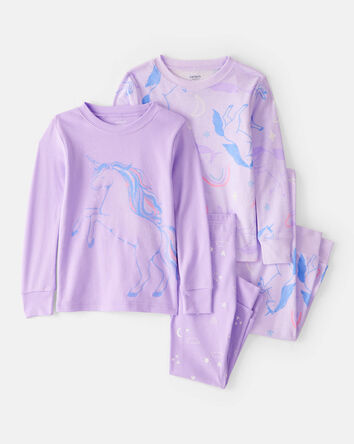 Baby Girl Unicorn Print Snug Fit Cotton 4-Piece Pajamas, 