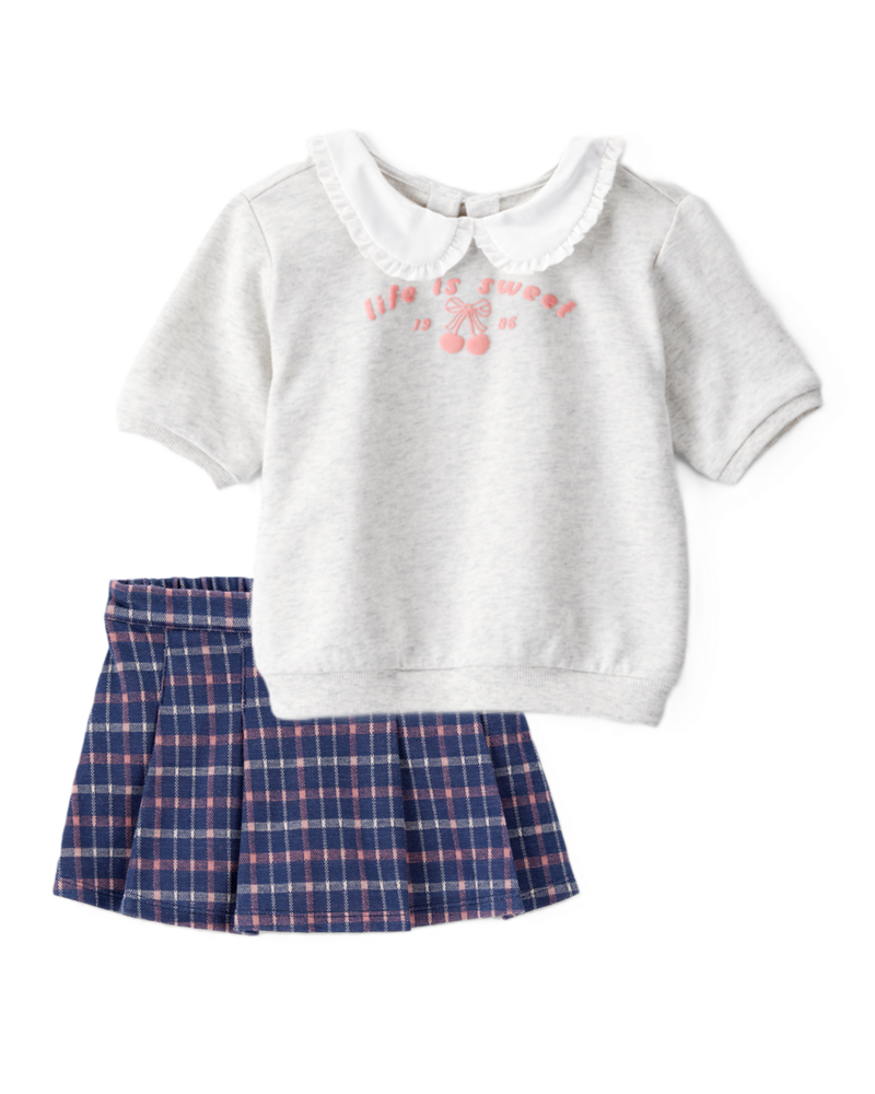 Baby Girl 2-Piece French Terry Tee & Plaid Knit Skirt Set - Grey/Navy, image 1 of 8 slides