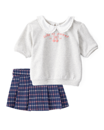 Baby Girl 2-Piece French Terry Tee & Plaid Knit Skirt Set - Grey/Navy, 
